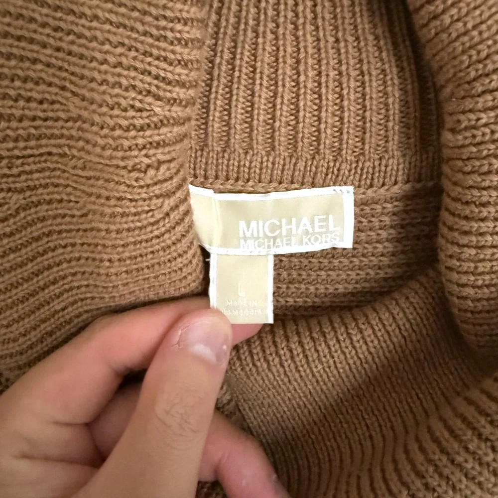 Camel Michael Kors Knit Turtle Neck Fringe Bottom Pullover Sweater Boho Size L - Picture 5 of 11